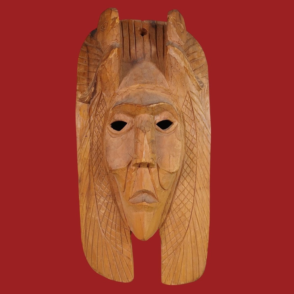 Vintage Hand Carved Wood Mask Tribal Chief Birds Wall Art 1981 Note